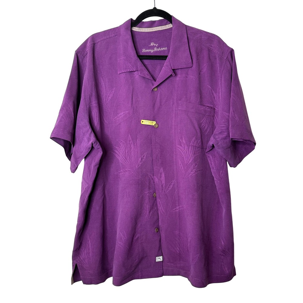 Tommy Bahama Mens XL Purple Silk Tropical Leaf Jacquard Short Sleeve Camp Shirt